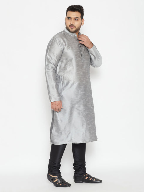 Men's Plus Size Grey And Black Silk Blend Kurta Pyjama Set