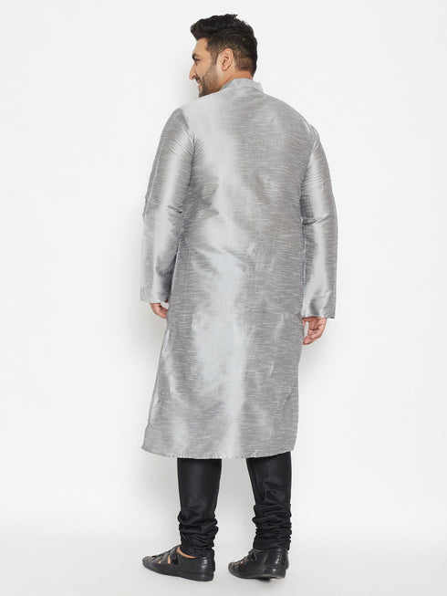 Men's Plus Size Grey And Black Silk Blend Kurta Pyjama Set