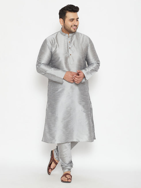 Men's Plus Size Grey Silk Blend Kurta Pyjama Set