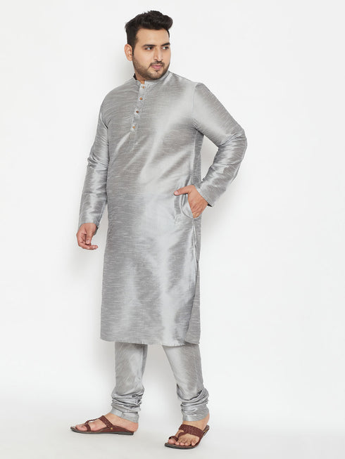 Men's Plus Size Grey Silk Blend Kurta Pyjama Set