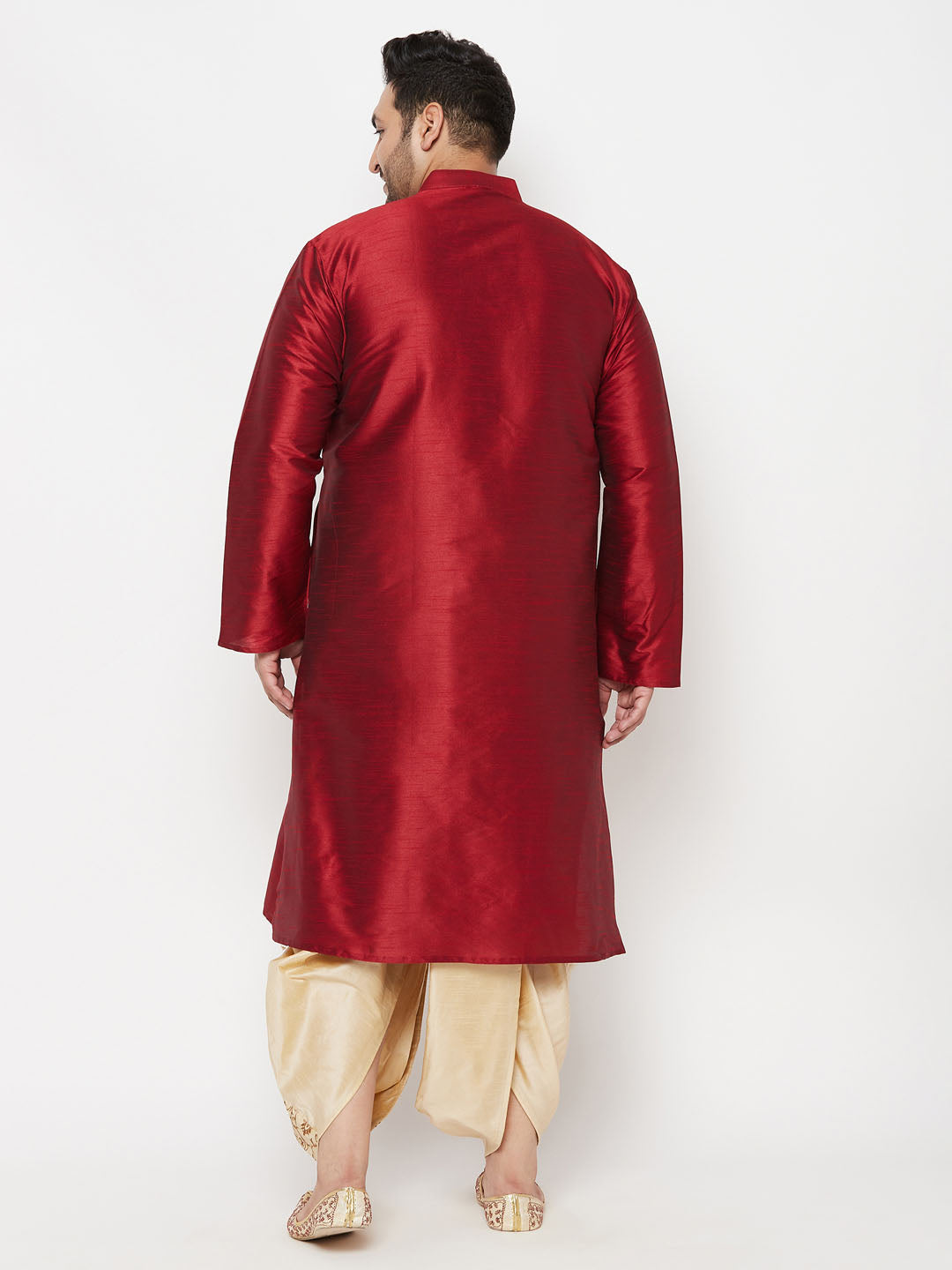 Men's Plus Size Maroon Silk Blend Kurta And Gold Dhoti Set