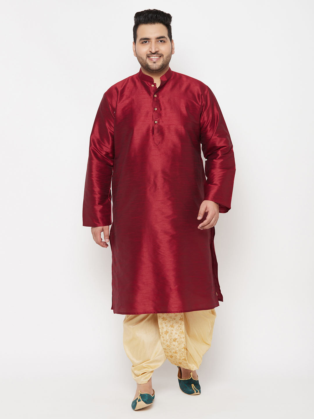 Men's Plus Size Maroon Silk Blend Kurta And Gold Dhoti Set