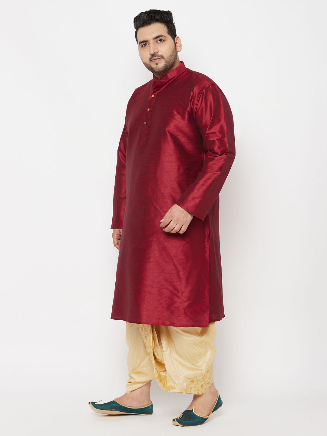 Men's Plus Size Maroon Silk Blend Kurta And Gold Dhoti Set