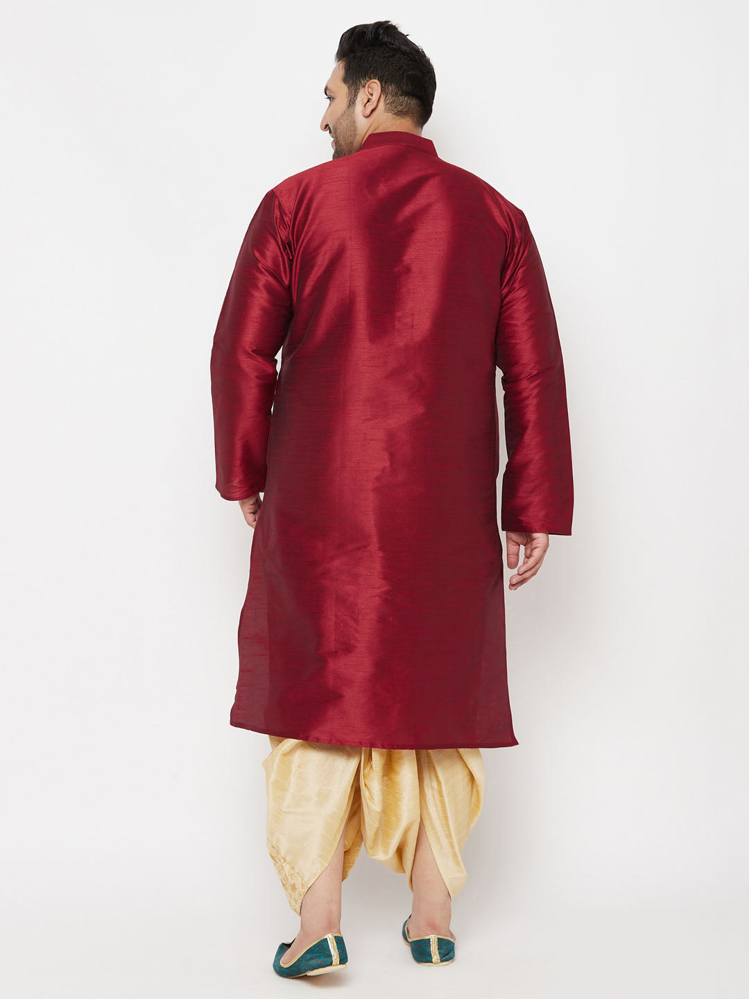 Men's Plus Size Maroon Silk Blend Kurta And Gold Dhoti Set