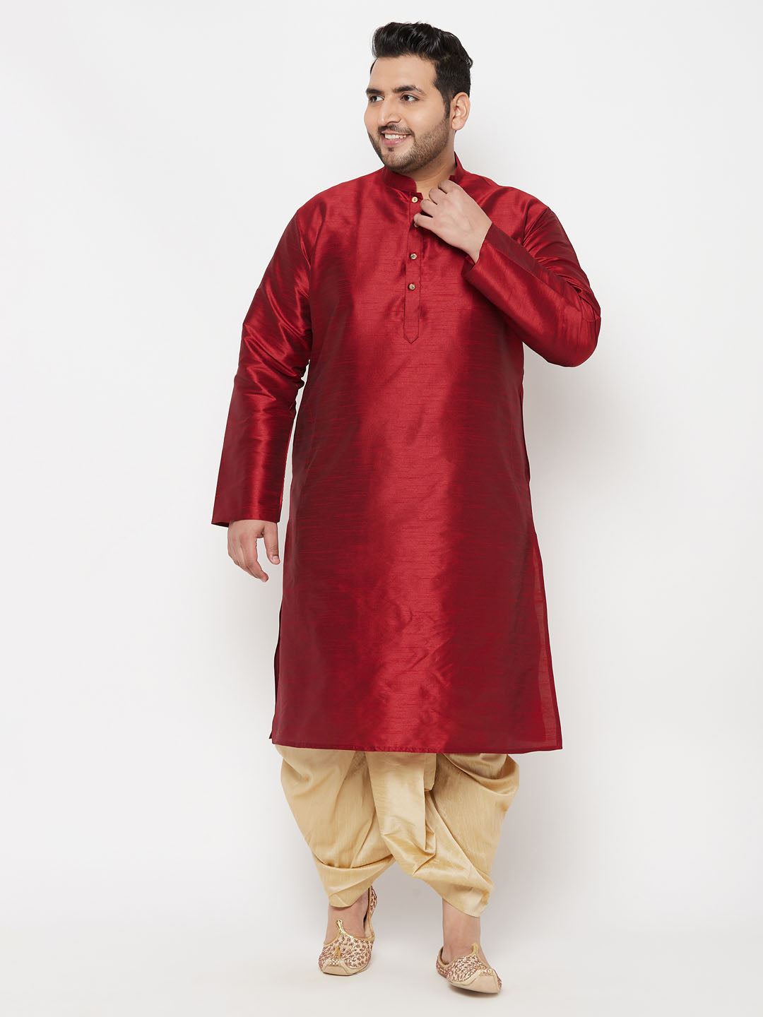 Men's Plus Size Maroon Silk Blend Kurta And Gold Dhoti Set