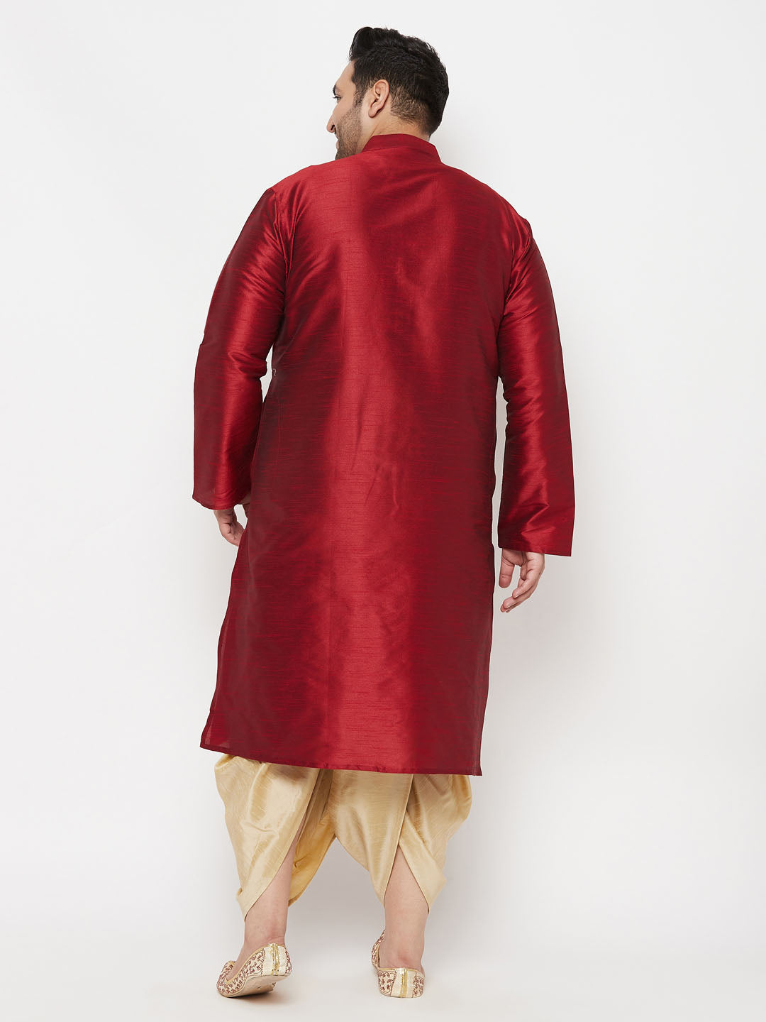 Men's Plus Size Maroon Silk Blend Kurta And Gold Dhoti Set