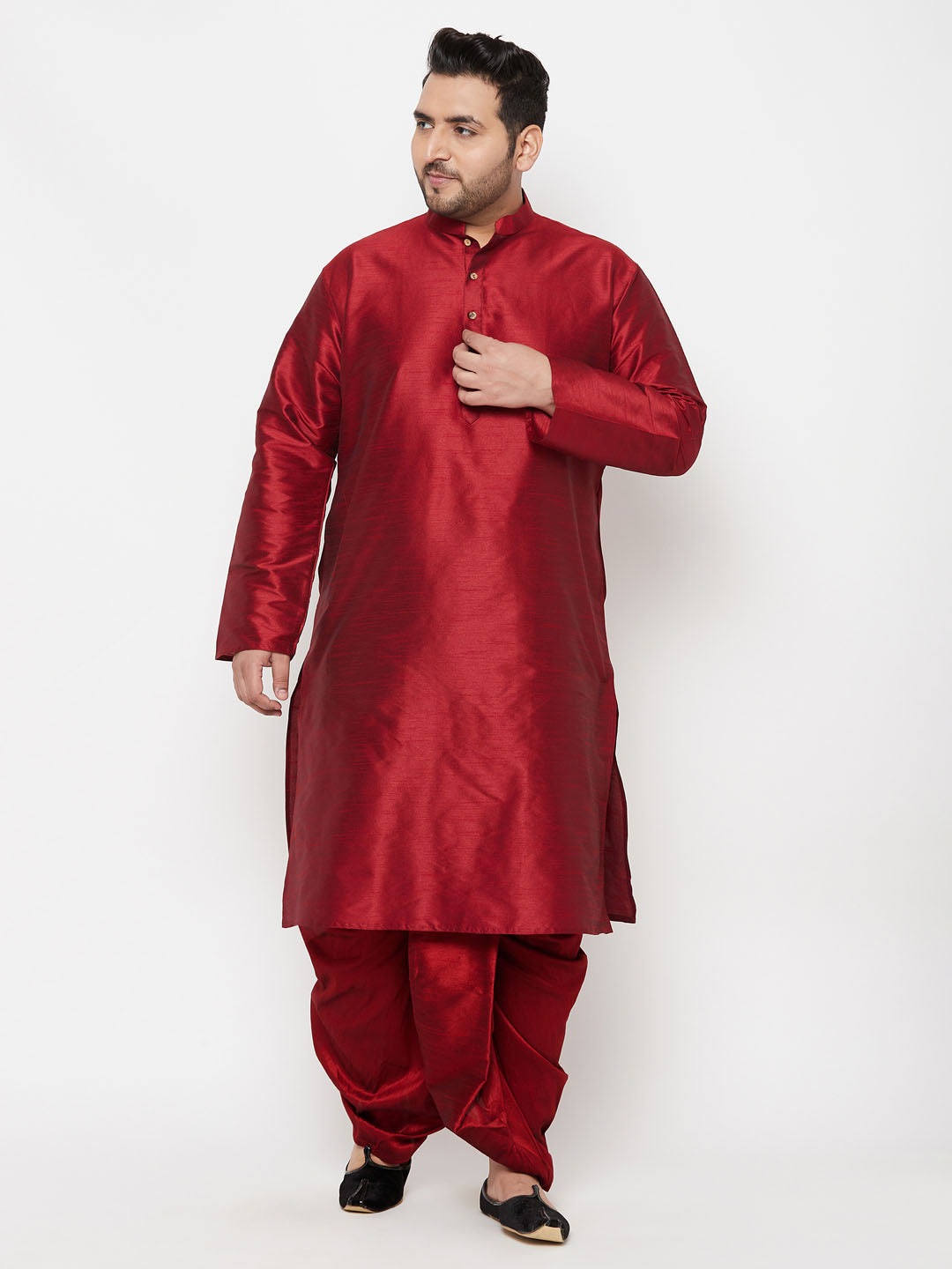 Men's Plus Size Maron Silk Blend Kurta And Maroon Solid Dhoti Set