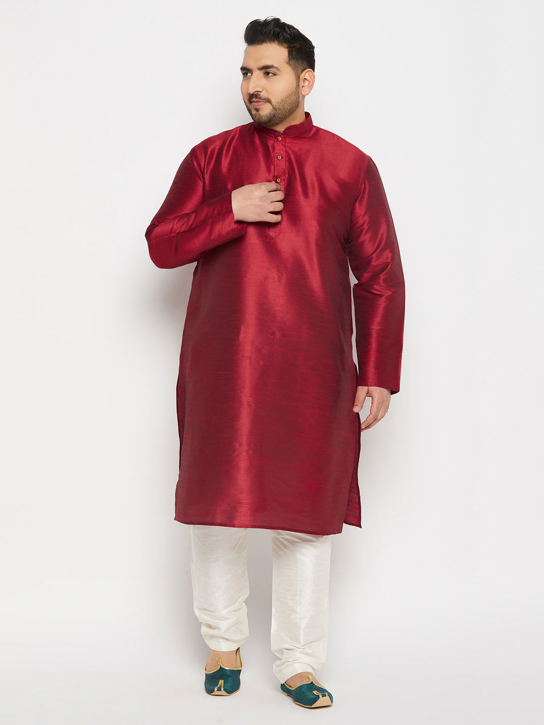 Men's Plus Size Maroon Silk Blend Kurta And Cream Pant Style Pyjama Set