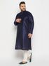 Men's Plus Size Navy Blue Silk Blend Kurta And Cream Pant Style Pyjama Set