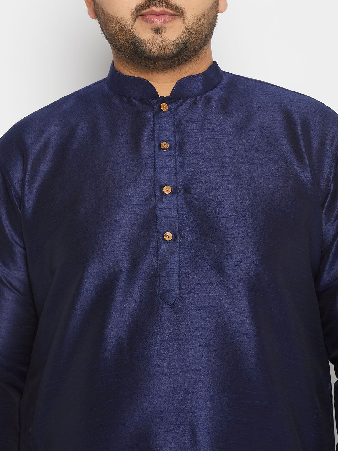 Men's Plus Size Navy Blue Silk Blend Kurta And Cream Pant Style Pyjama Set