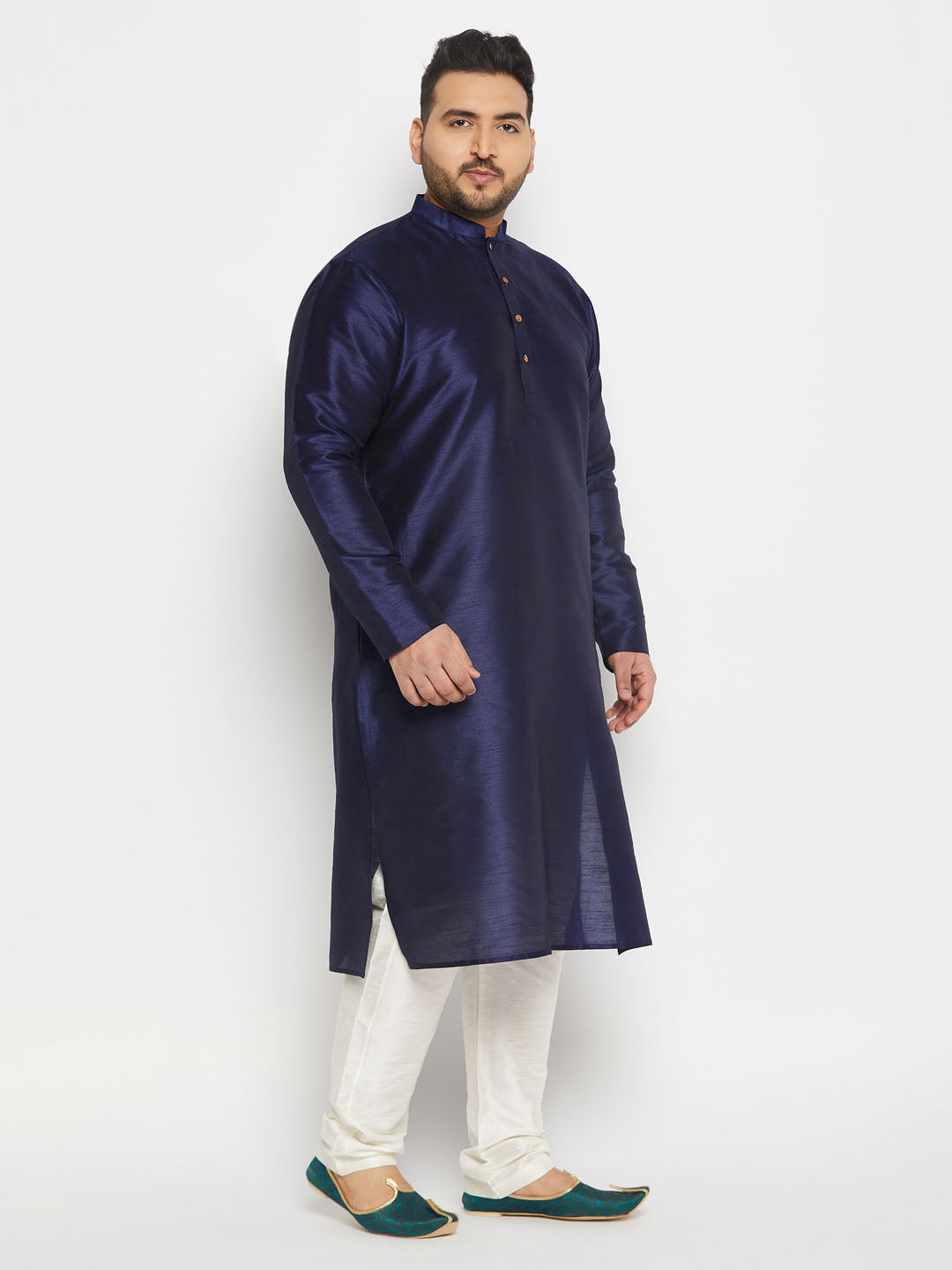 Men's Plus Size Navy Blue Silk Blend Kurta And Cream Pant Style Pyjama Set
