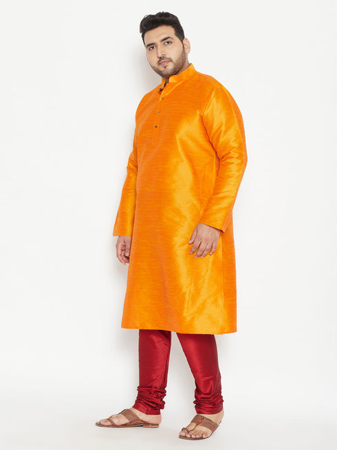 Men's Plus Size Orange And Maroon Silk Blend Kurta Pyjama Set