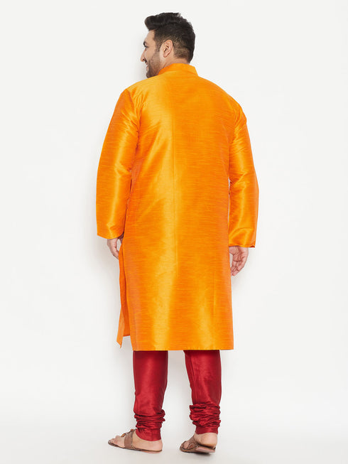 Men's Plus Size Orange And Maroon Silk Blend Kurta Pyjama Set