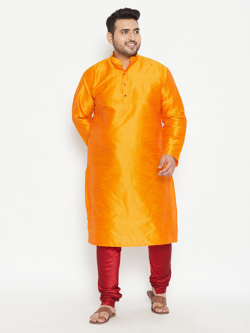 Men's Plus Size Orange And Maroon Silk Blend Kurta Pyjama Set