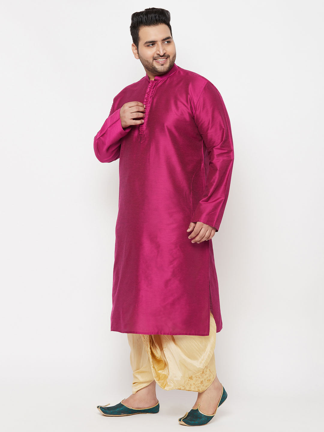 Men's Plus Size Fuchsia Silk Blend Kurta And Gold Dhoti Set