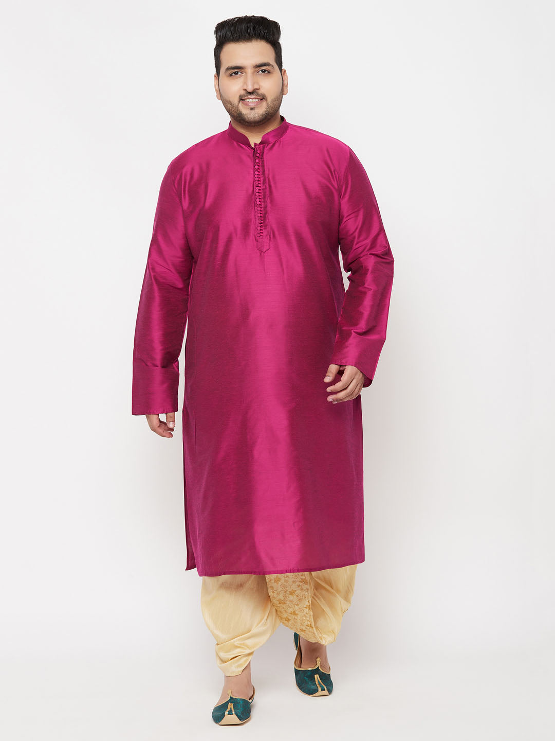 Men's Plus Size Fuchsia Silk Blend Kurta And Gold Dhoti Set