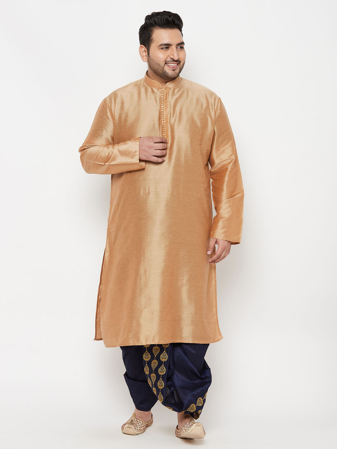 Men's Plus Size Viscose Rose Gold Silk Blend Kurta And Navy Blue Dhoti Set