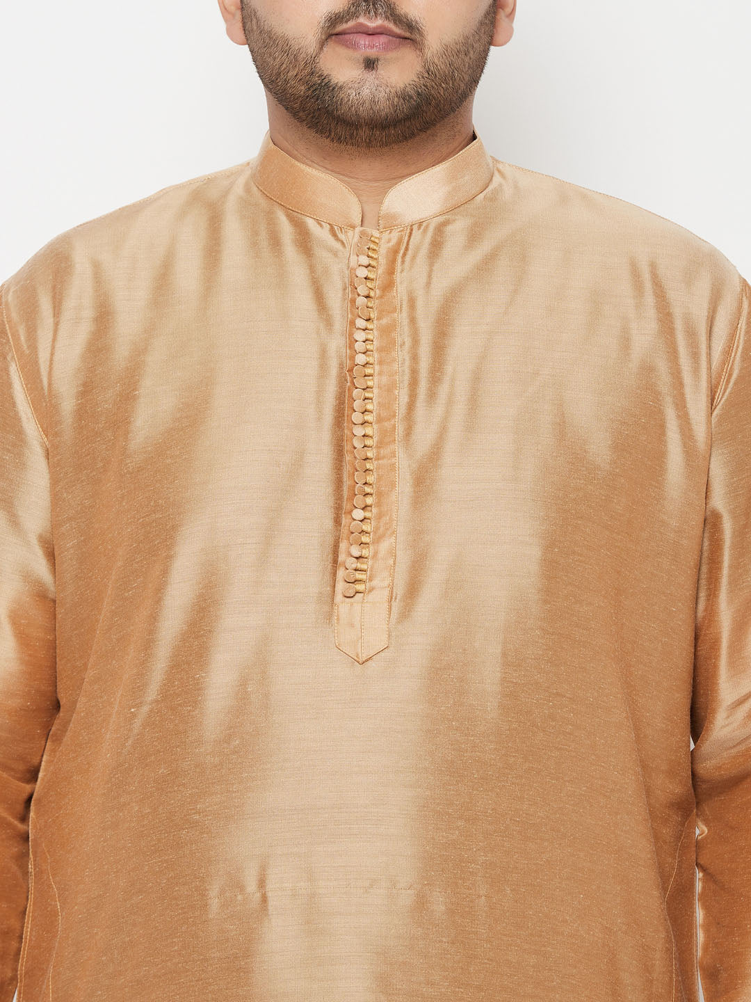 Men's Plus Size Viscose Rose Gold Silk Blend Kurta And Navy Blue Dhoti Set