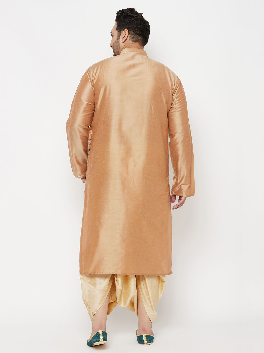 Men's Plus Size Rose Gold Silk Blend Kurta And Gold Dhoti Set