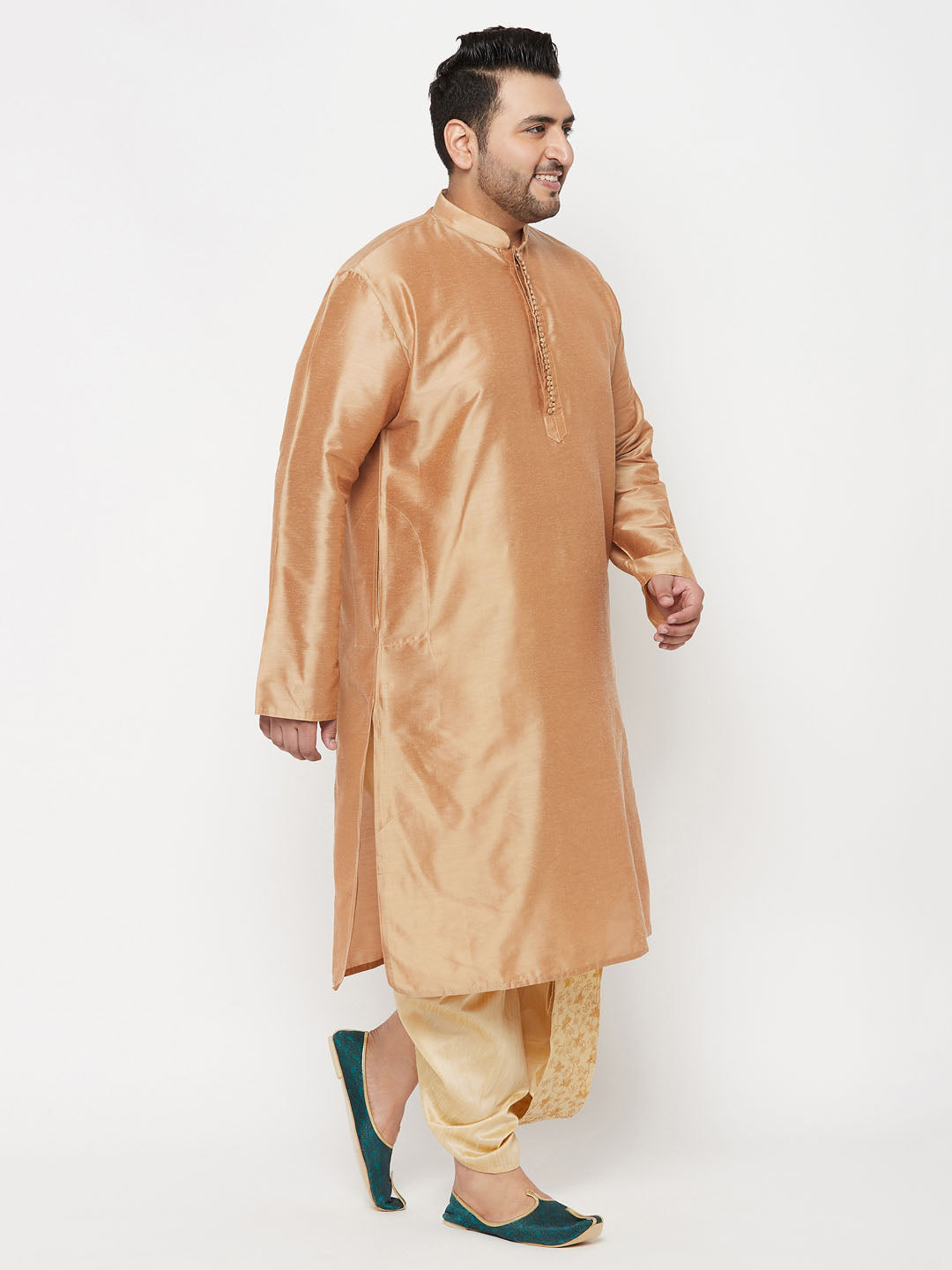 Men's Plus Size Rose Gold Silk Blend Kurta And Gold Dhoti Set