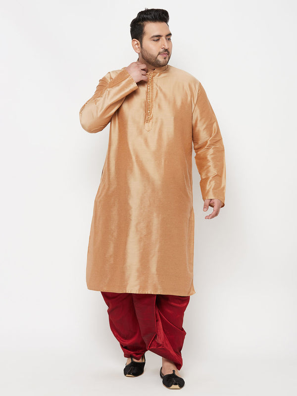 Men's Plus Size Rose Gold Silk Blend Kurta And Maroon Solid Dhoti Set