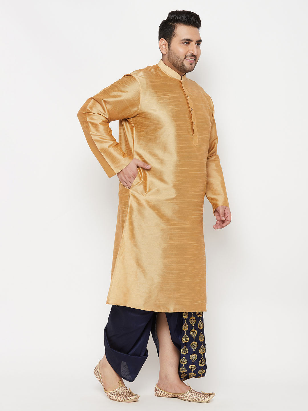 Men's Plus Size Rose Gold Silk Blend Kurta And Navy Blue Dhoti Set