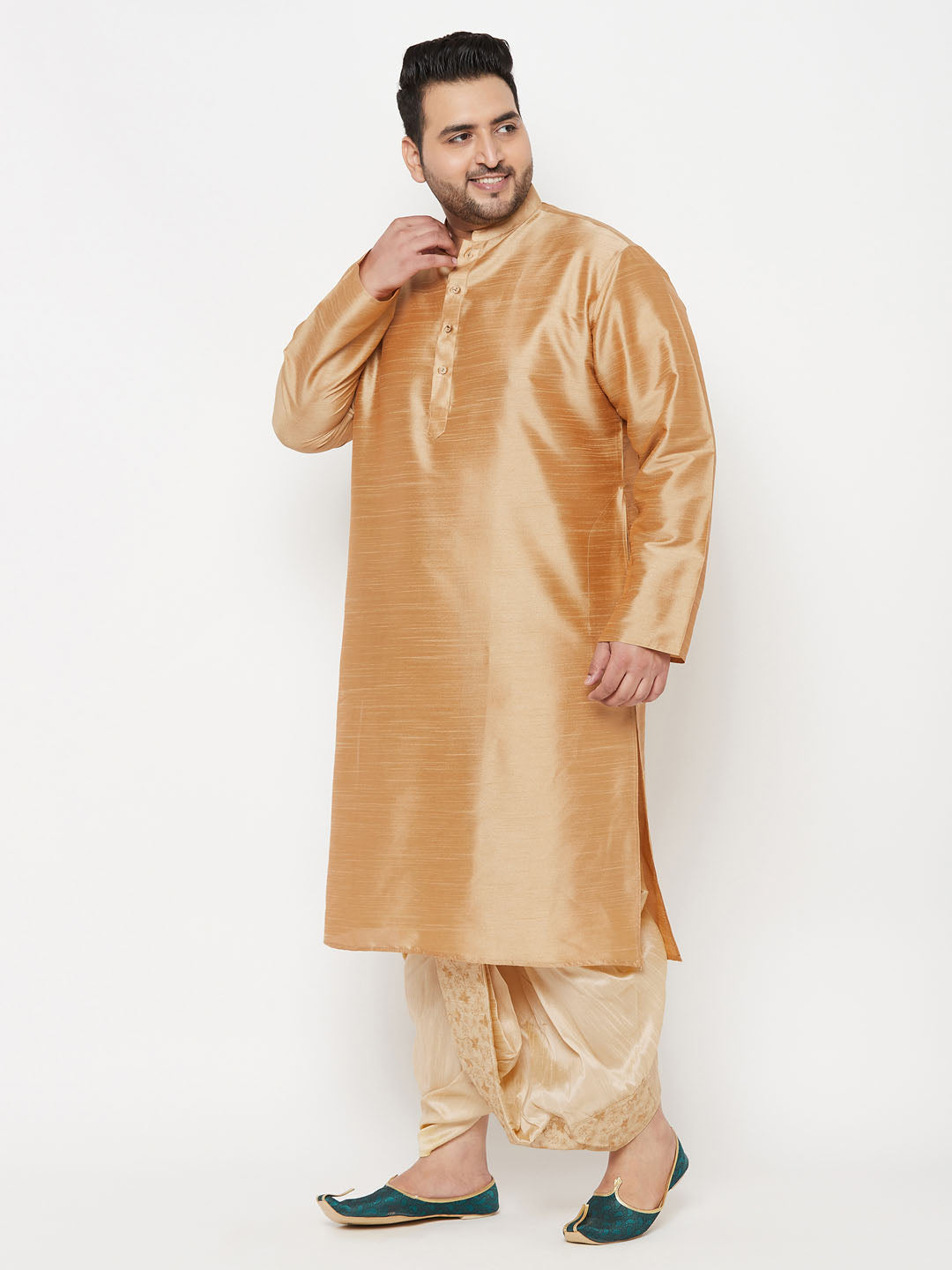 Men's Plus Size Rose Gold Silk Blend Kurta And Gold Dhoti Set