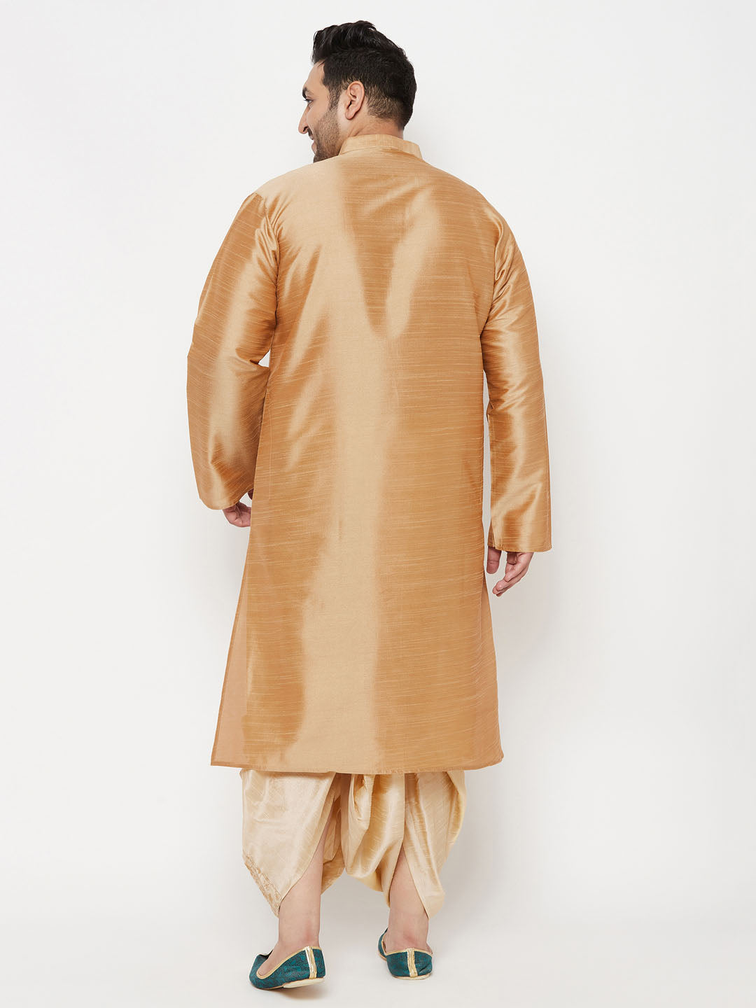 Men's Plus Size Rose Gold Silk Blend Kurta And Gold Dhoti Set