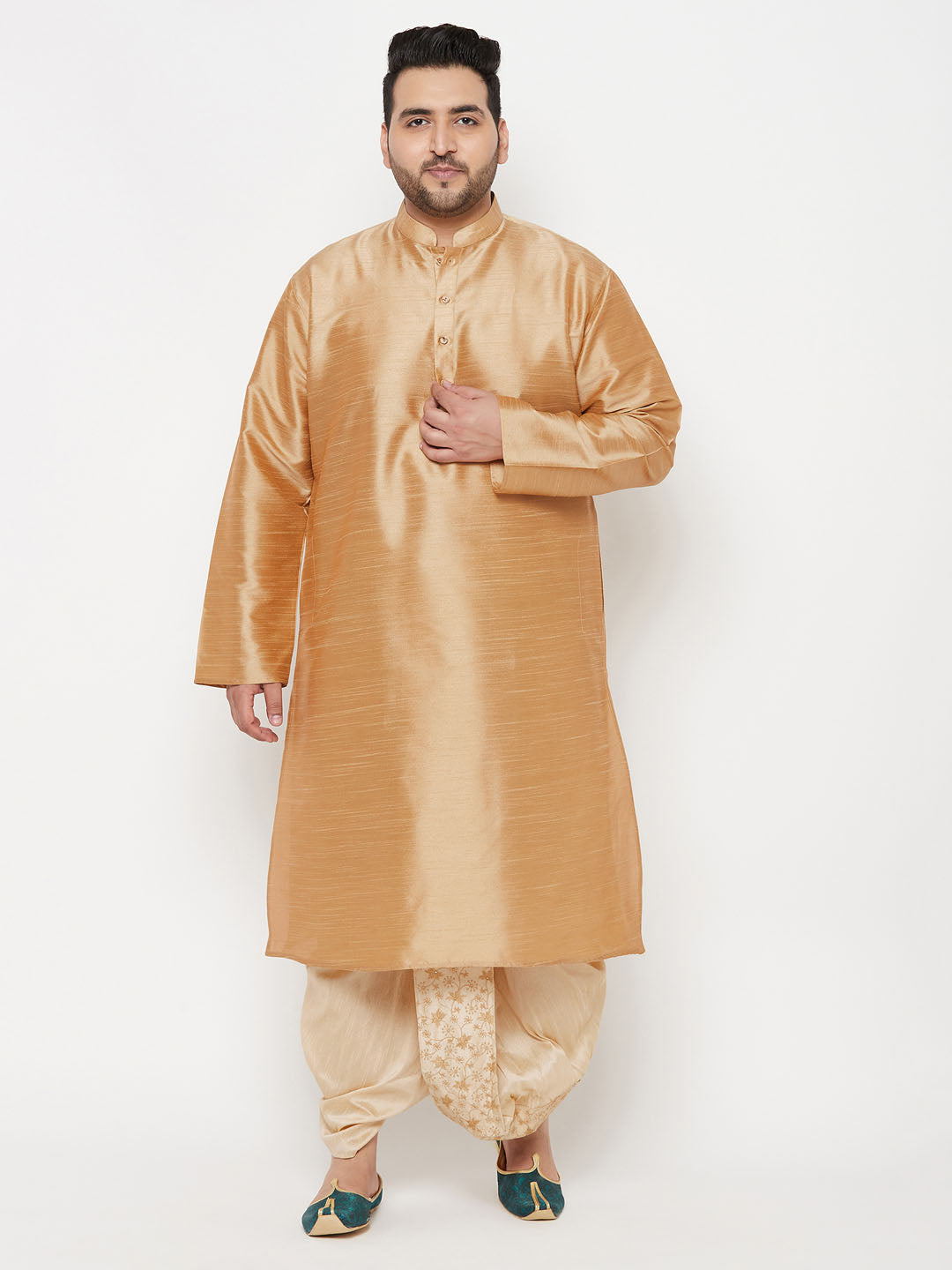 Men's Plus Size Rose Gold Silk Blend Kurta And Gold Dhoti Set