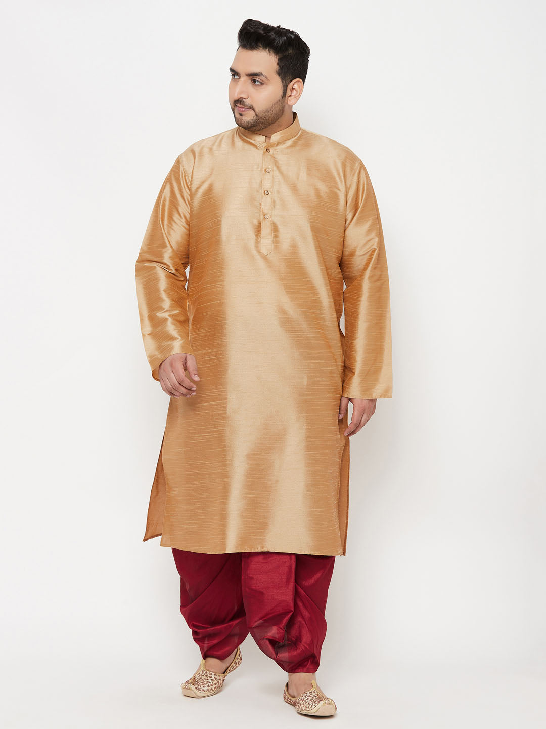 Men's Plus Size Rose Gold Silk Blend Kurta And Maroon Solid Dhoti Set