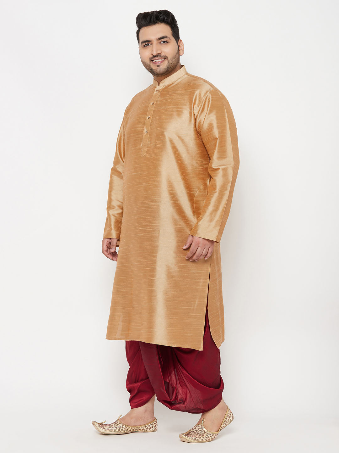 Men's Plus Size Rose Gold Silk Blend Kurta And Maroon Solid Dhoti Set