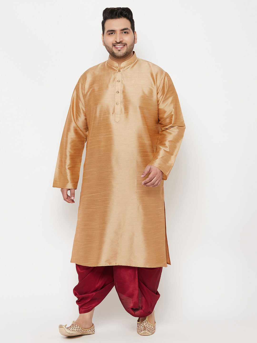 Men's Plus Size Rose Gold Silk Blend Kurta And Maroon Solid Dhoti Set