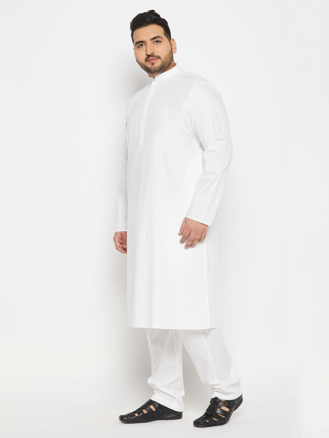 Men's Plus Size White Cotton Blend Kurta And Cotton Pant Style Pyjama Set