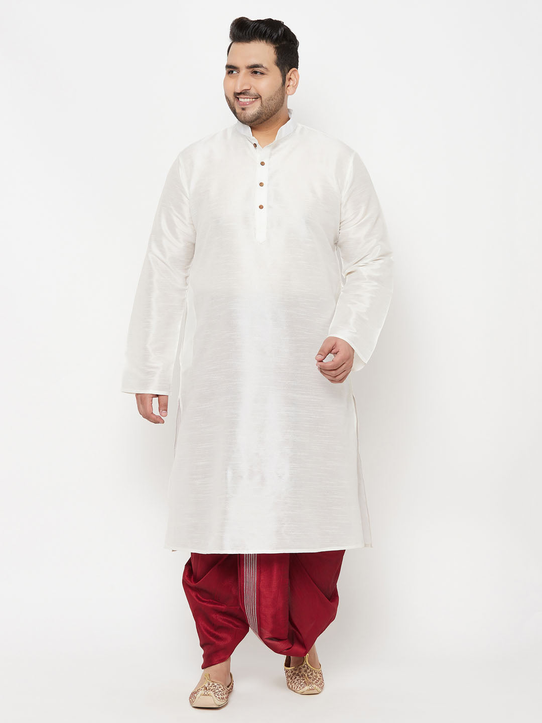 Men's Plus Size White Silk Blend Kurta And Maroon Dhoti Set