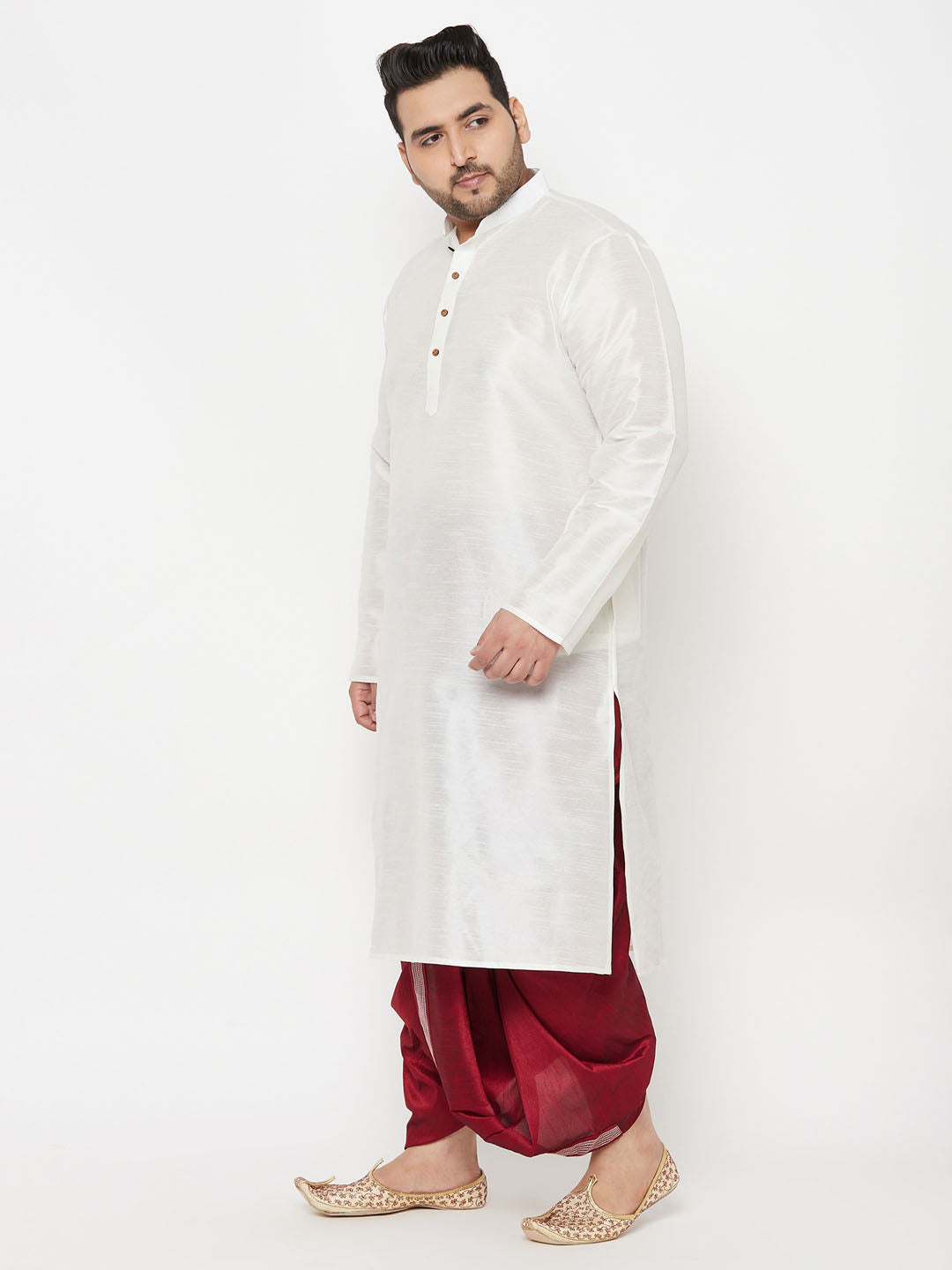 Men's Plus Size White Silk Blend Kurta And Maroon Dhoti Set