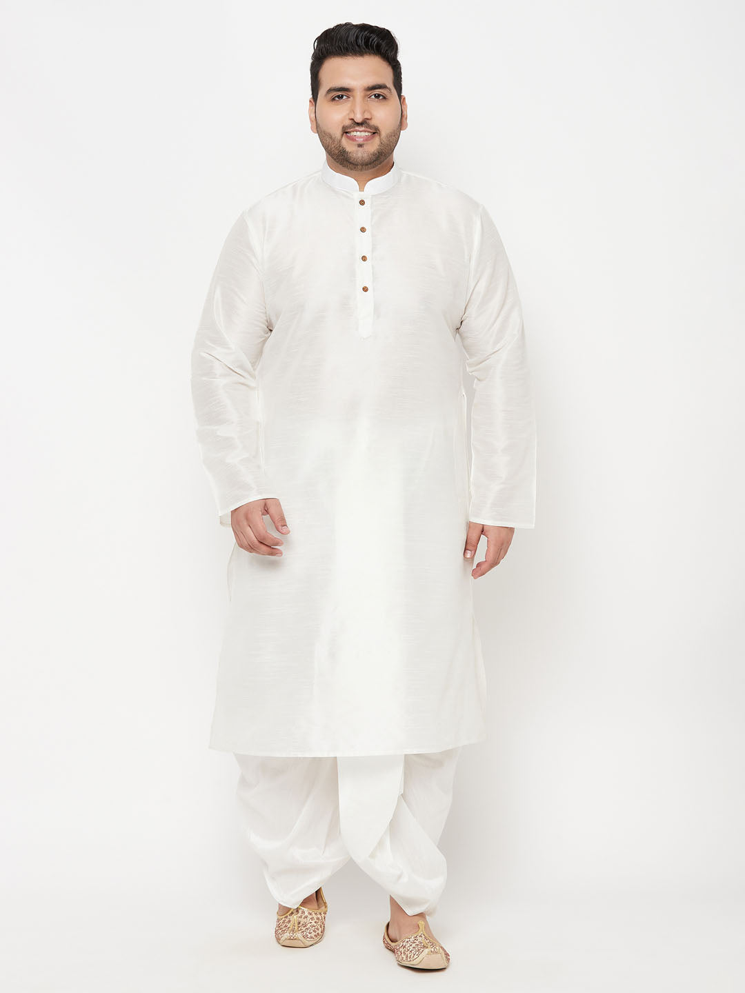 Men's Plus Size White Cotton Blend Kurta And White Dhoti Set