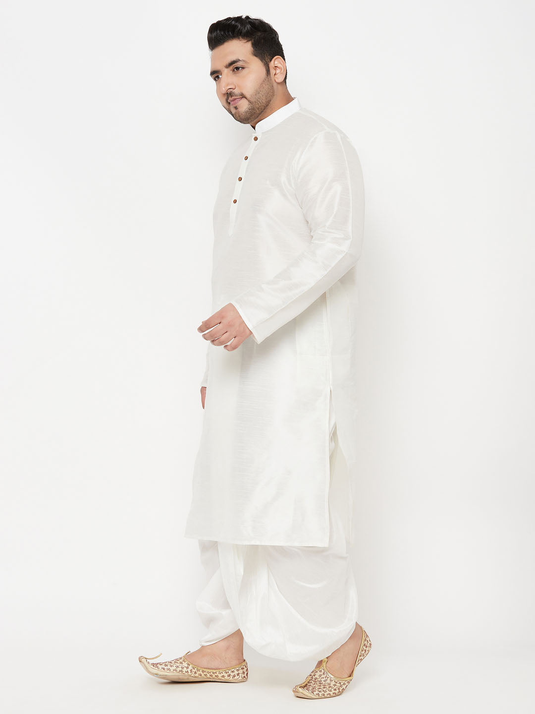 Men's Plus Size White Cotton Blend Kurta And White Dhoti Set