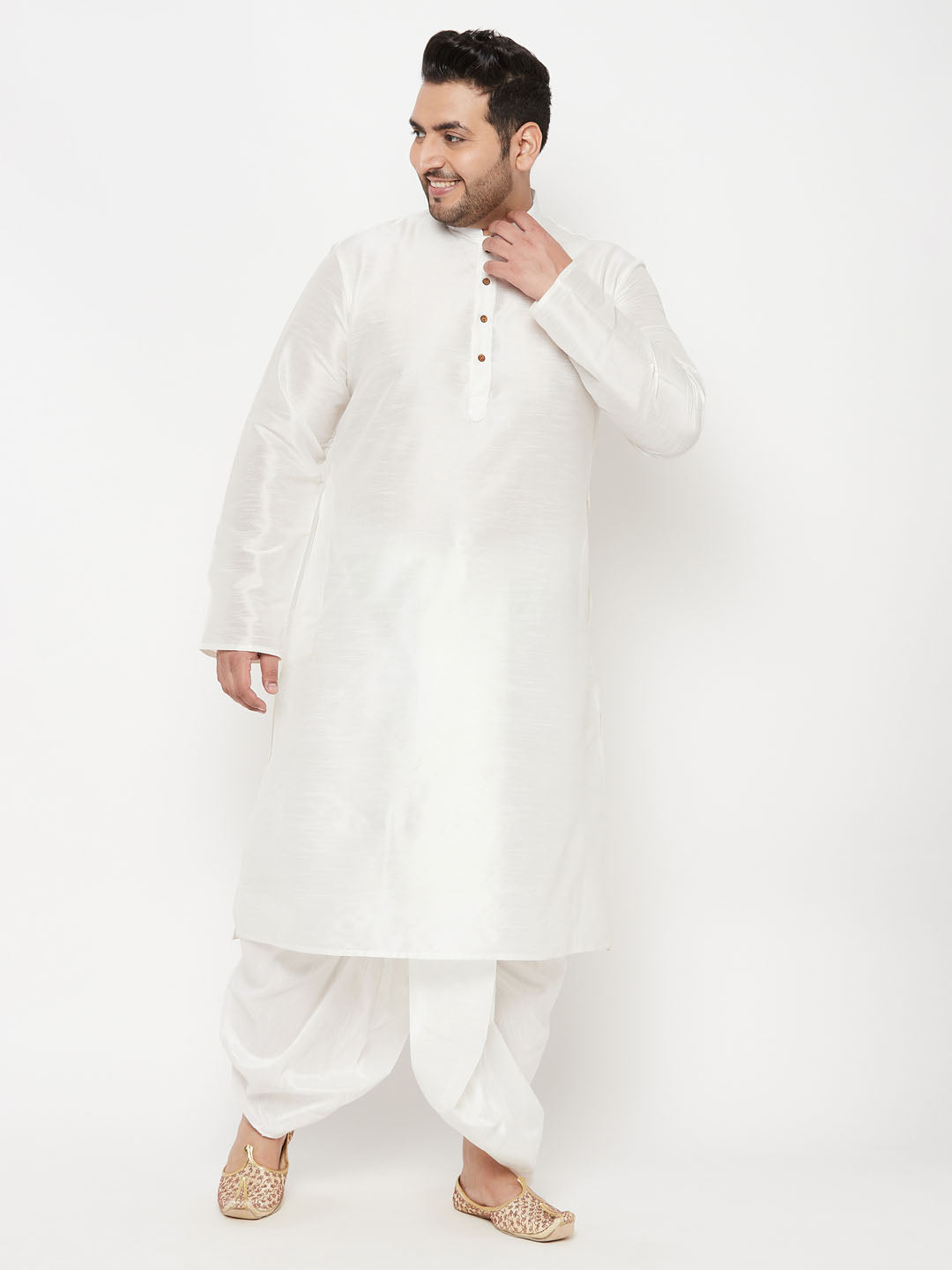 Men's Plus Size White Cotton Blend Kurta And White Dhoti Set