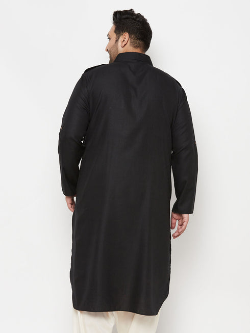 Men's Plus Size Black Cotton Blend Pathani Kurta