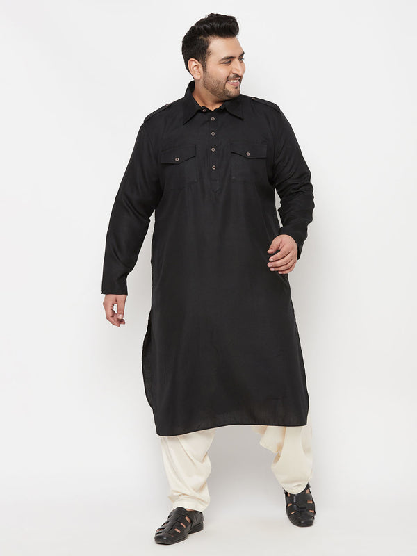 Men's Plus Size Black And Cream Cotton Blend Pathani Set