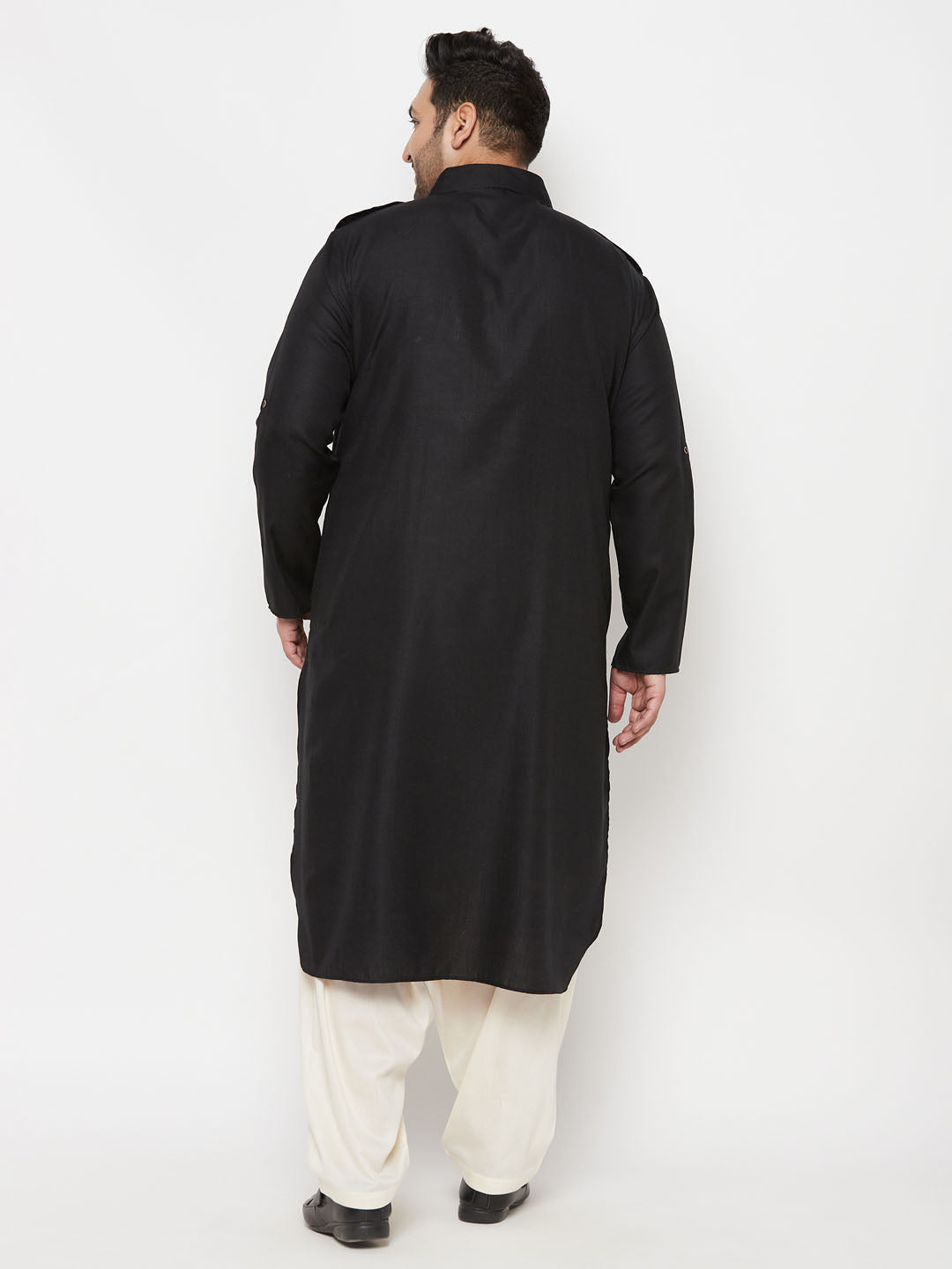 Men's Plus Size Black And Cream Cotton Blend Pathani Set