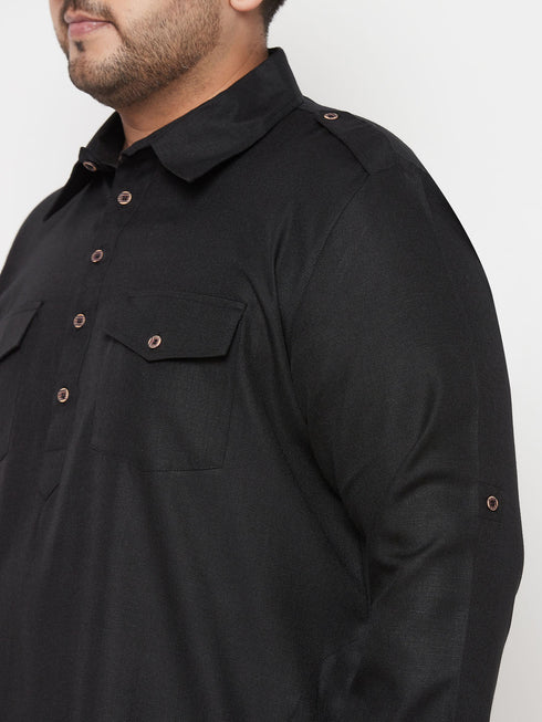 Men's Plus Size Black And Cream Cotton Blend Pathani Set