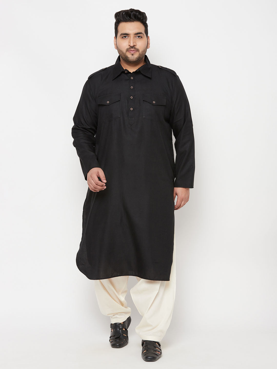 Men's Plus Size Black And Cream Cotton Blend Pathani Set