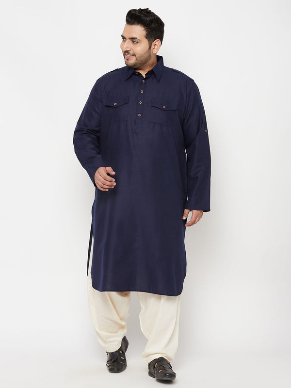Men's Plus Size Blue And Cream Cotton Blend Pathani Set
