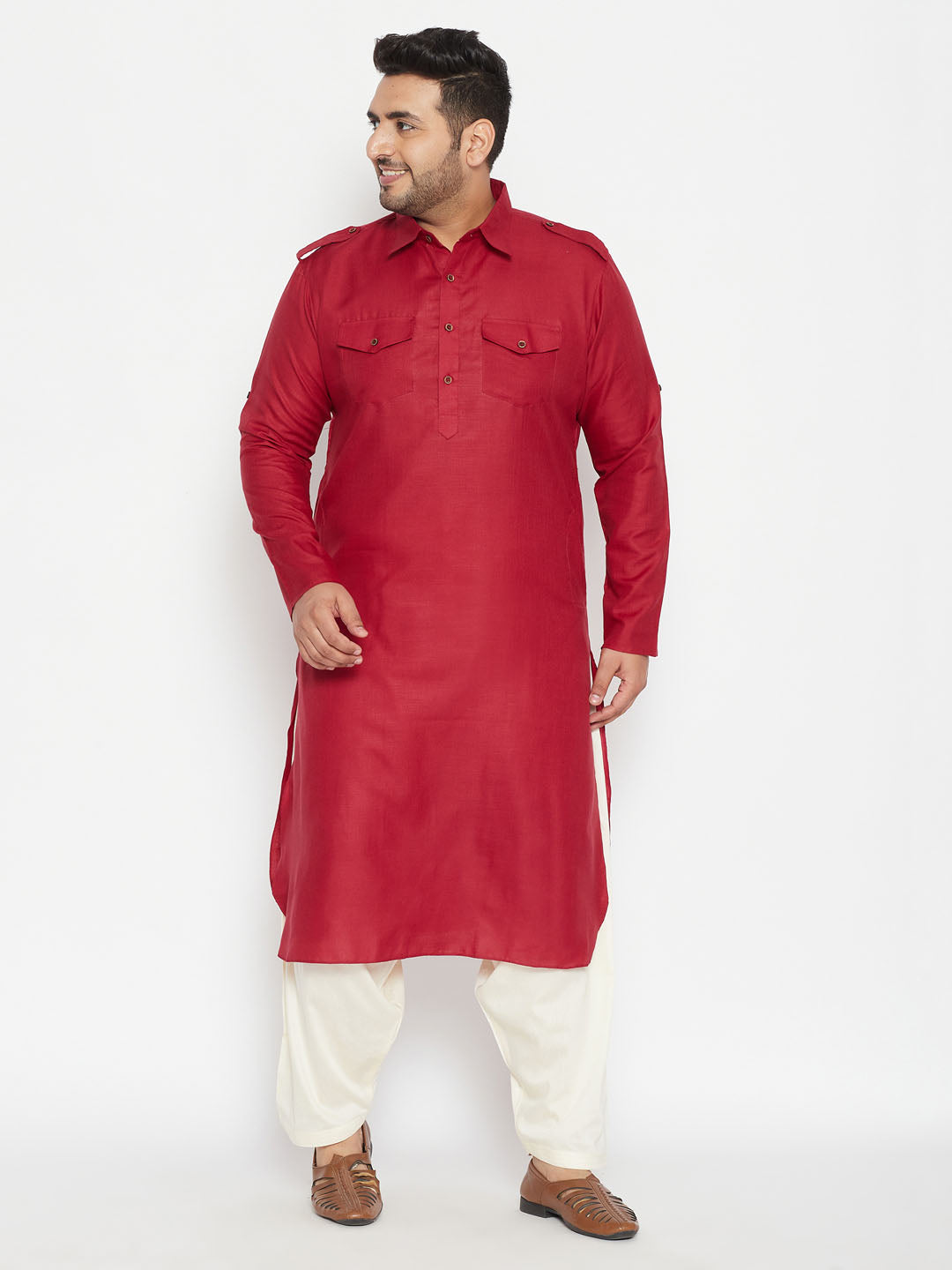 Men's Plus Size Maroon And Cream Cotton Blend Pathani Set