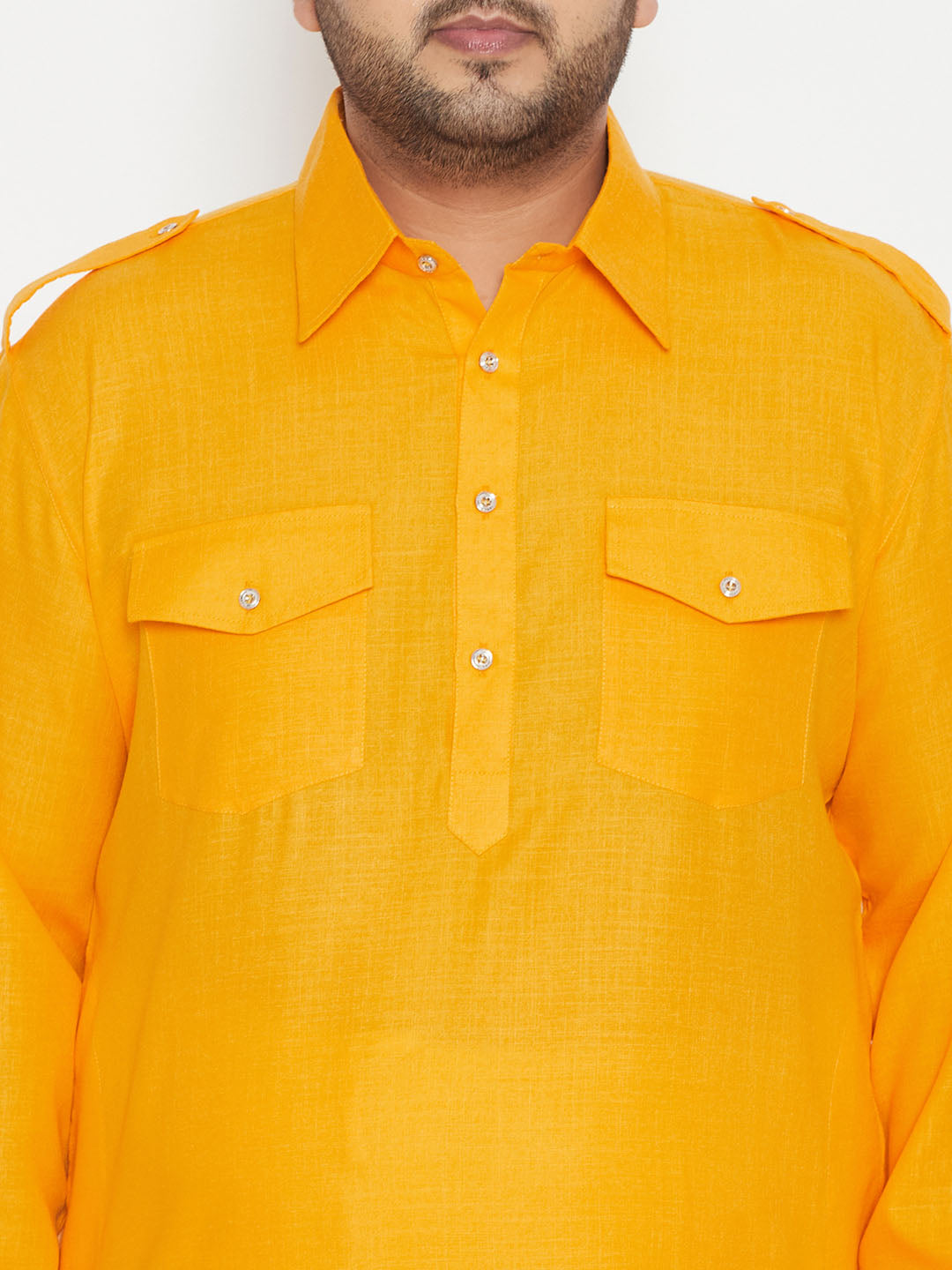Men's Plus Size Mustard And Cream Cotton Blend Pathani Set