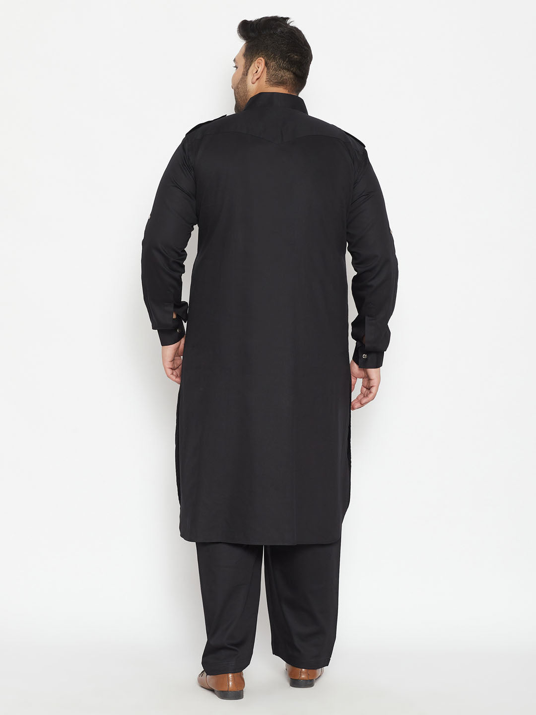 Men's Plus Size Black Cotton Blend Pathani Set