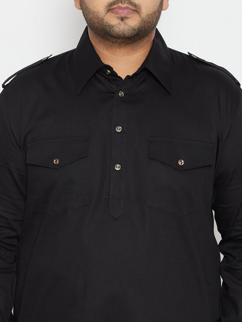 Men's Plus Size Black Cotton Blend Pathani Set