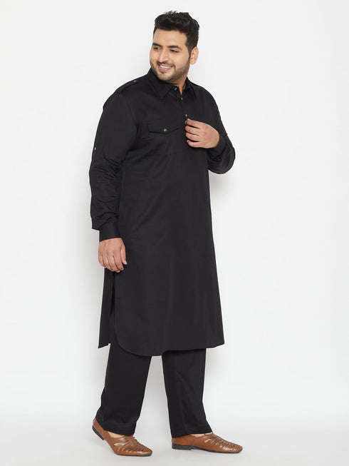 Men's Plus Size Black Cotton Blend Pathani Set