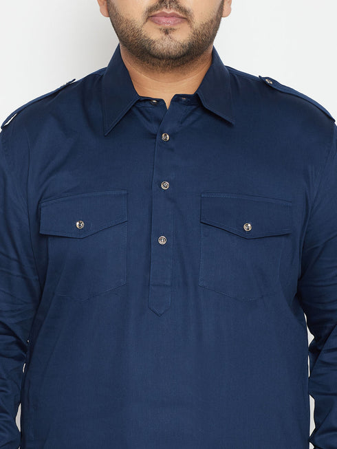 Men's Plus Size Blue Cotton Blend Pathani Set